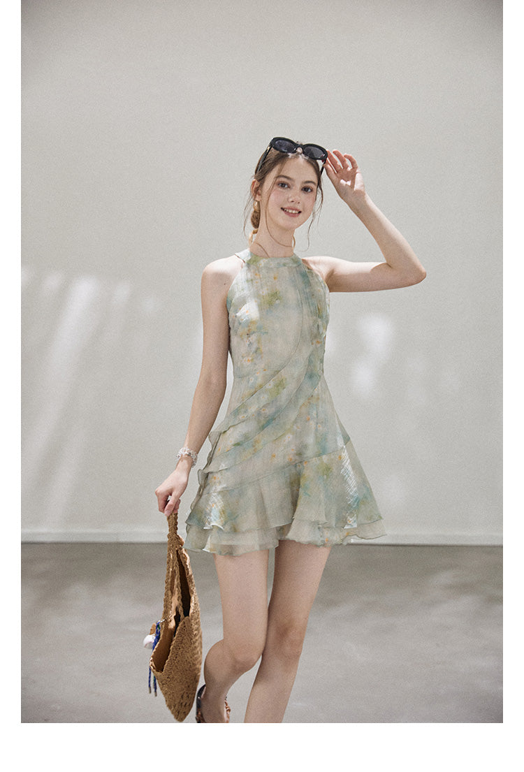 "Monet's ink painting" Callmelater sleeveless tencel halter neck dress with lace trim for the holiday season