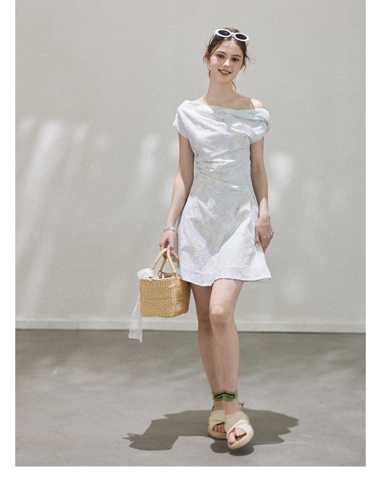 "Star Mist Hazy" Off-shoulder pleated floral print mini dress for women, summer Callmelater