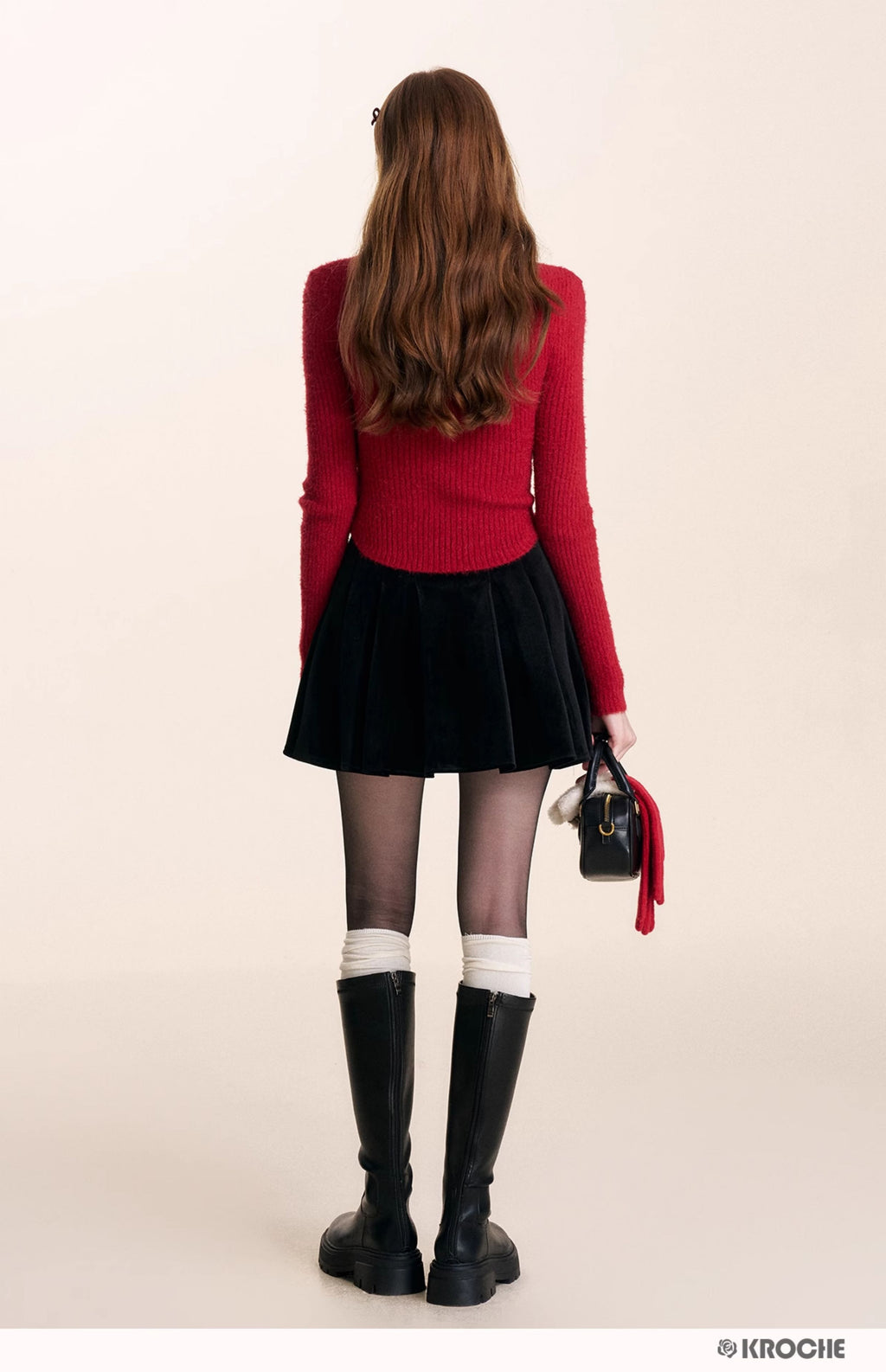 KROCHE Velvet A-line pleated midi skirt with gentle bow for night