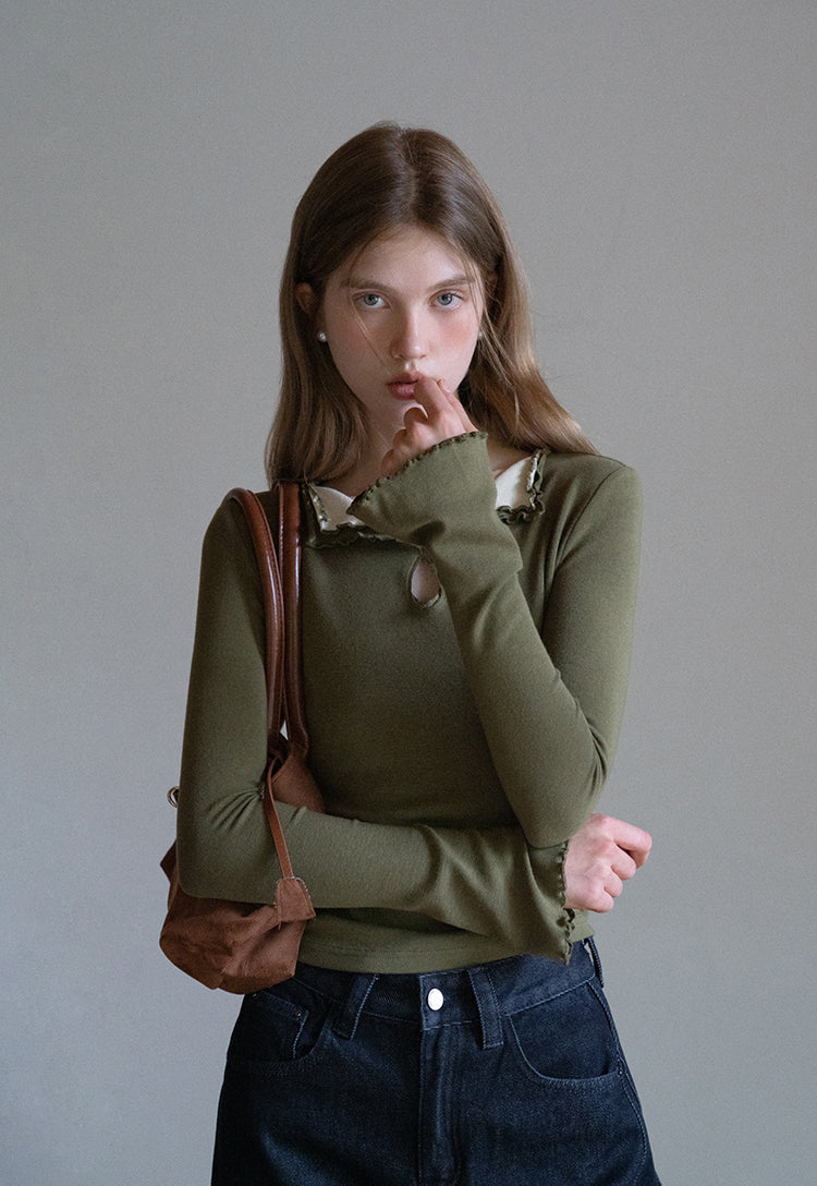 EGGKA Women's long-sleeved V-neck T-shirt with colored trim, new autumn design, slim fit, elegant waistline (sale)