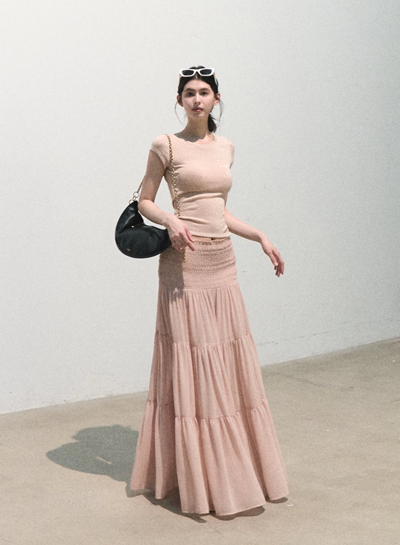 OAKMOO "Her Skirt" - Thick pleated A-line dress, pink chiffon summer midi dress.