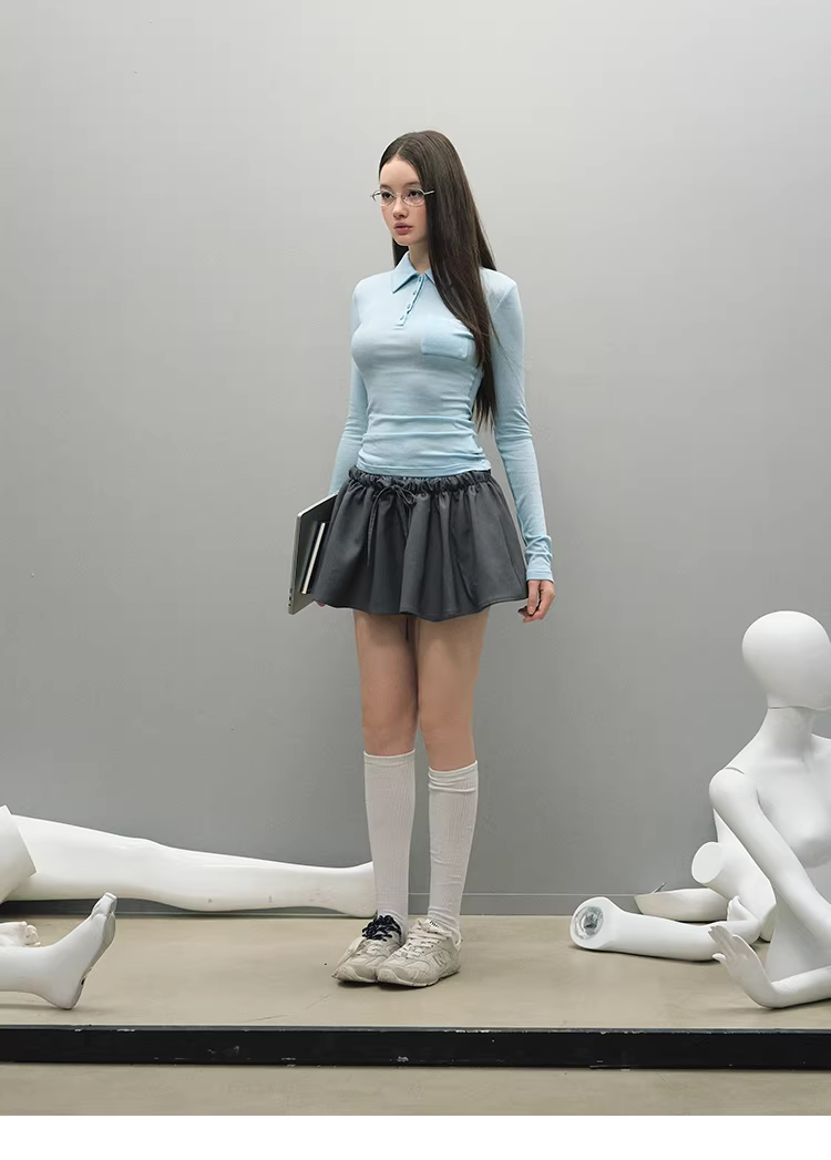 LaluneDuCiel women's plain polo shirt, casual style, elegant, simple, slim fit, long sleeves, suitable for early autumn.