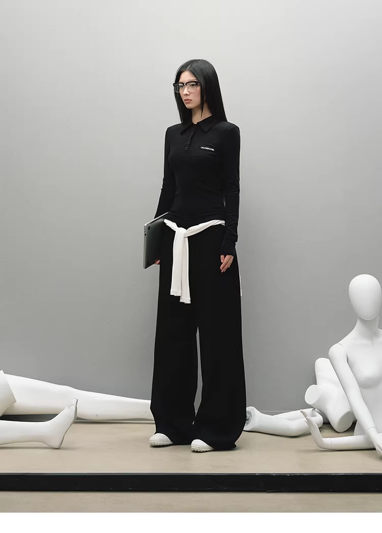 LaluneDuCiel women's plain polo shirt, casual style, elegant, simple, slim fit, long sleeves, suitable for early autumn.