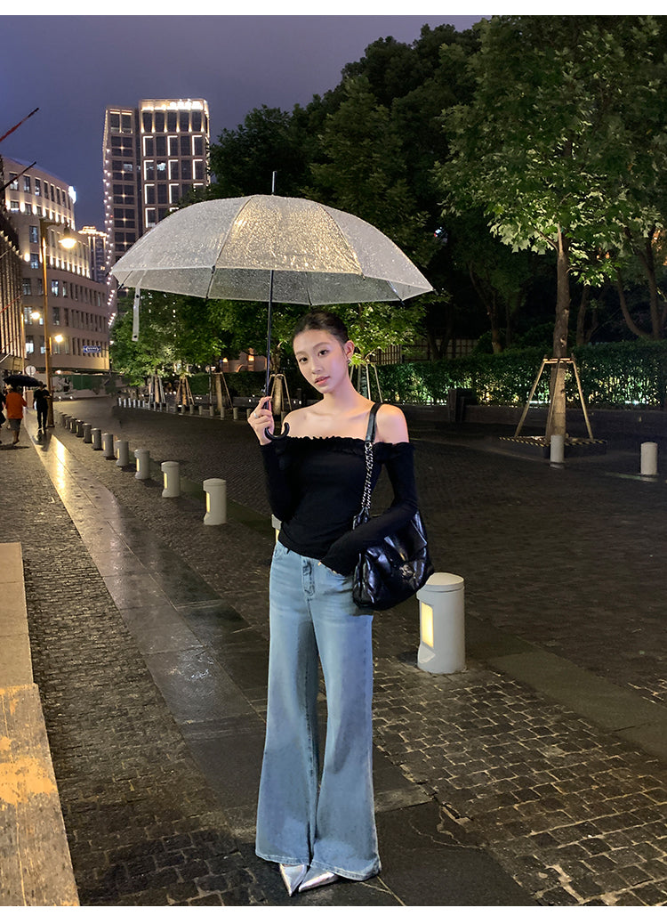PUSUMEDE 3D rose pattern one-shoulder long-sleeved T-shirt for women, body-hugging design