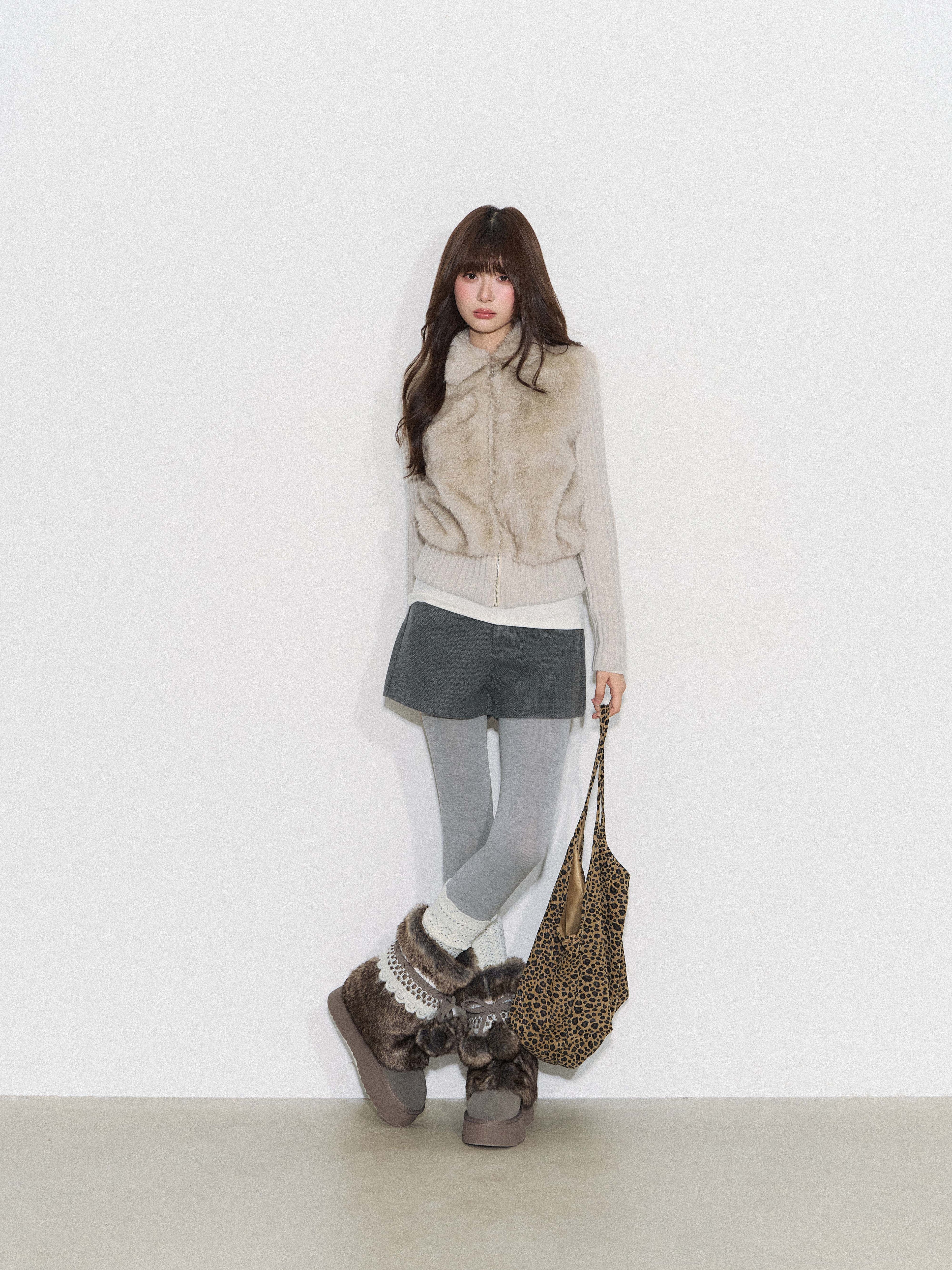 CYNI 【Caramel Afternoon】Millard Retro Plush Patchwork Short Two-Piece Faux Fur Coat for Women