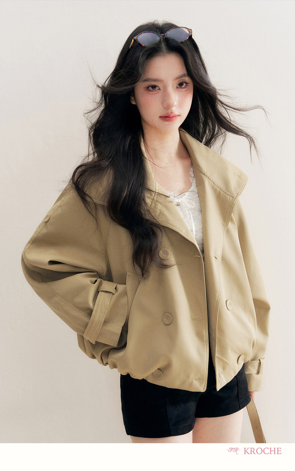 KROCHE Loose-fitting short trench coat, large lapels, double-breasted, loose-fitting, comfortable