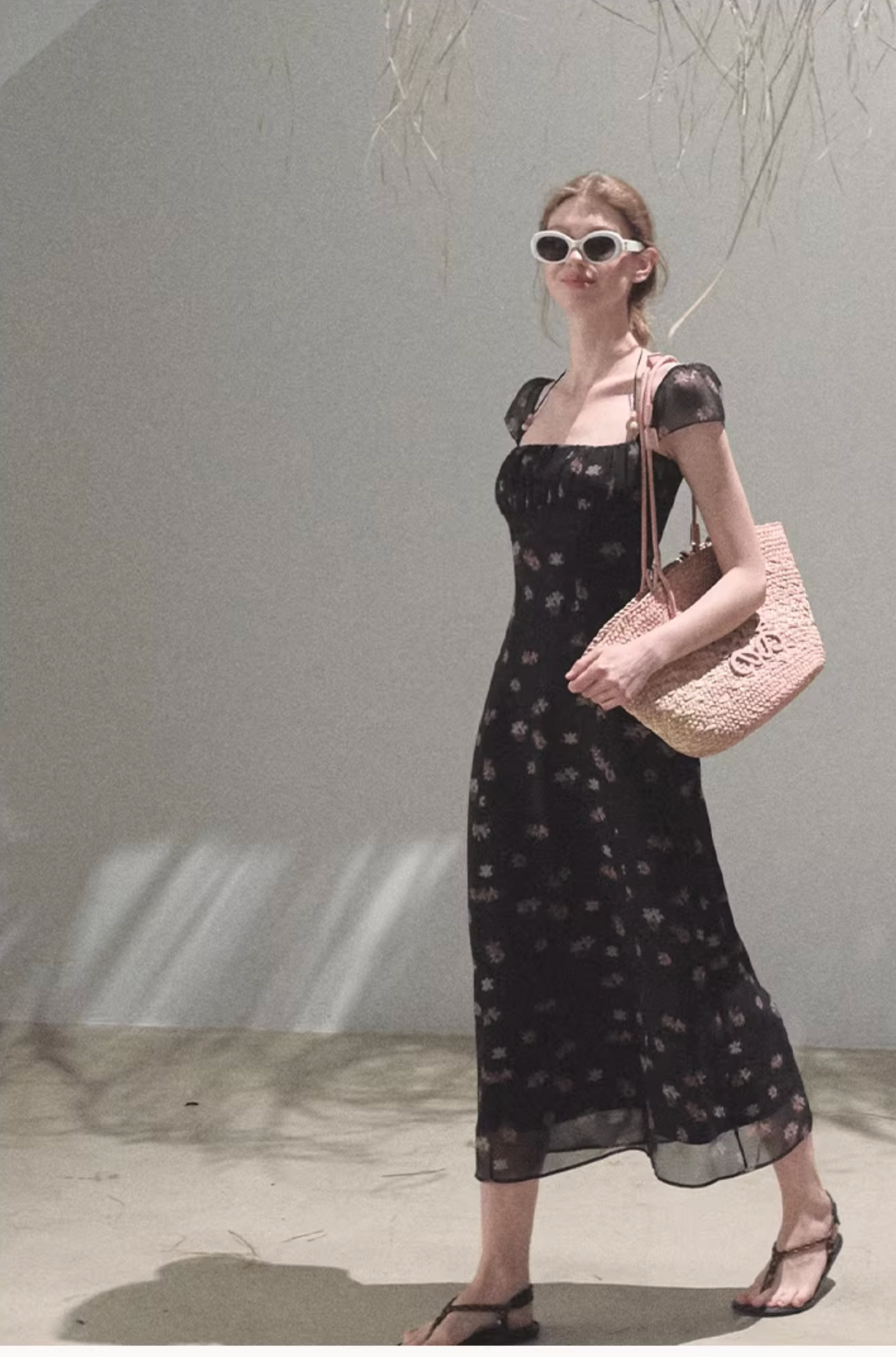 OAKMOO beaded halter-neck dress, fitted waist, unique floral print "My Own Moon"