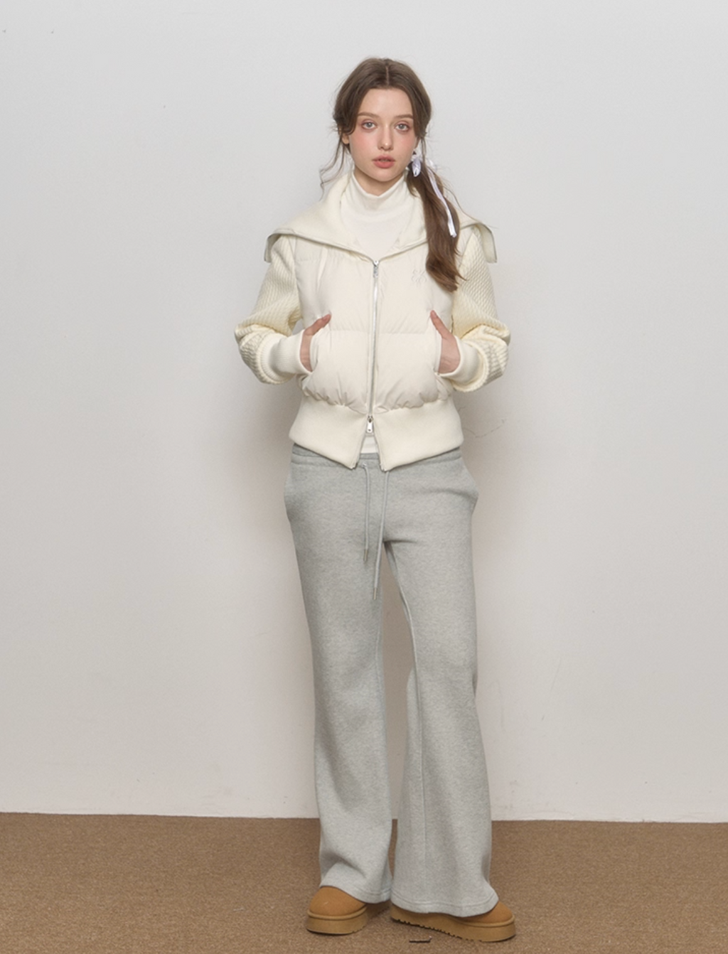 QDQD White minimalist short down jacket with wool blend sleeves