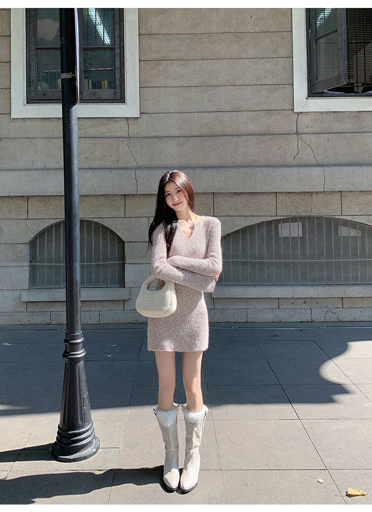 MULVAN MULVAN Women's Sexy V-Neck Sweater Dress, Fall/Winter, Slim Fit, Waistband, Bodycon Mini Skirt