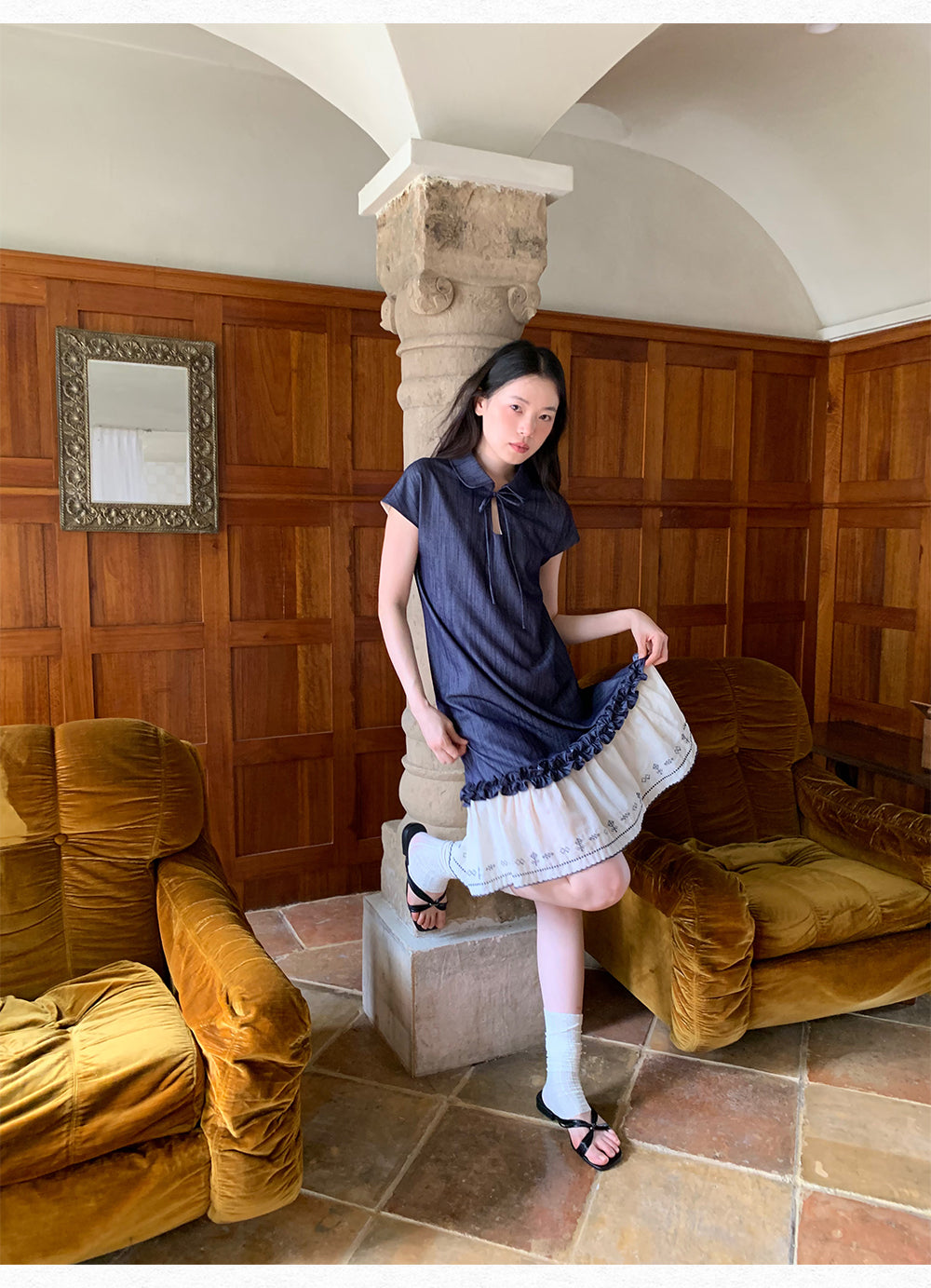 DORYDORY New Chinese style women's embroidered patchwork dress, super beautiful and unique design, blue dress.