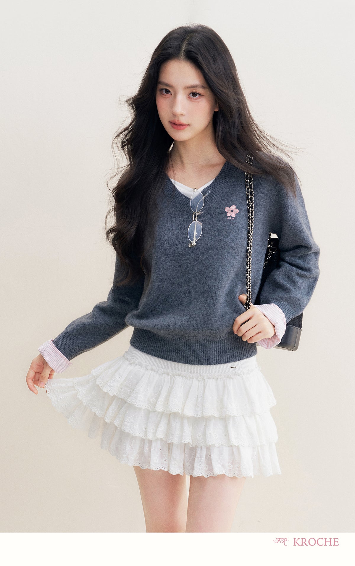 kroche 25AW two piece grey wool blend patchwork v neck sweater with bow