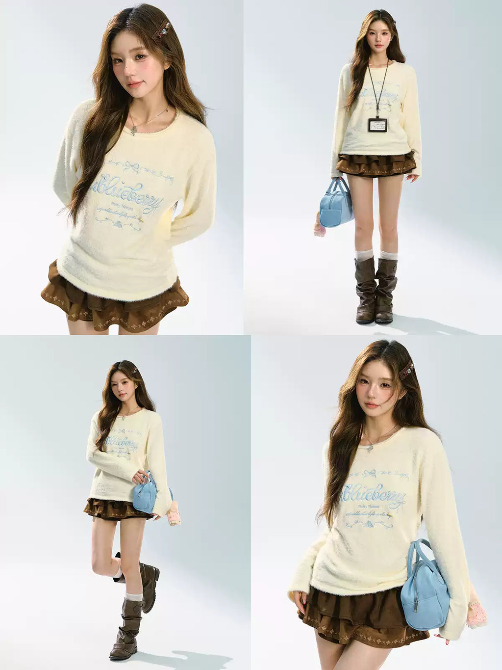 ABLUEBERRY Women's letter embroidered sweater, Autumn Winter, Soft and smooth, Round neck, Loose fit, Cute Korean style