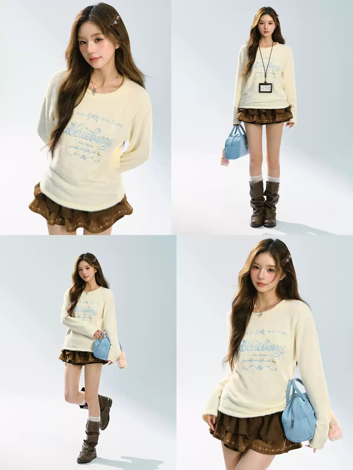 ABLUEBERRY Women's letter embroidered sweater, Autumn Winter, Soft and smooth, Round neck, Loose fit, Cute Korean style
