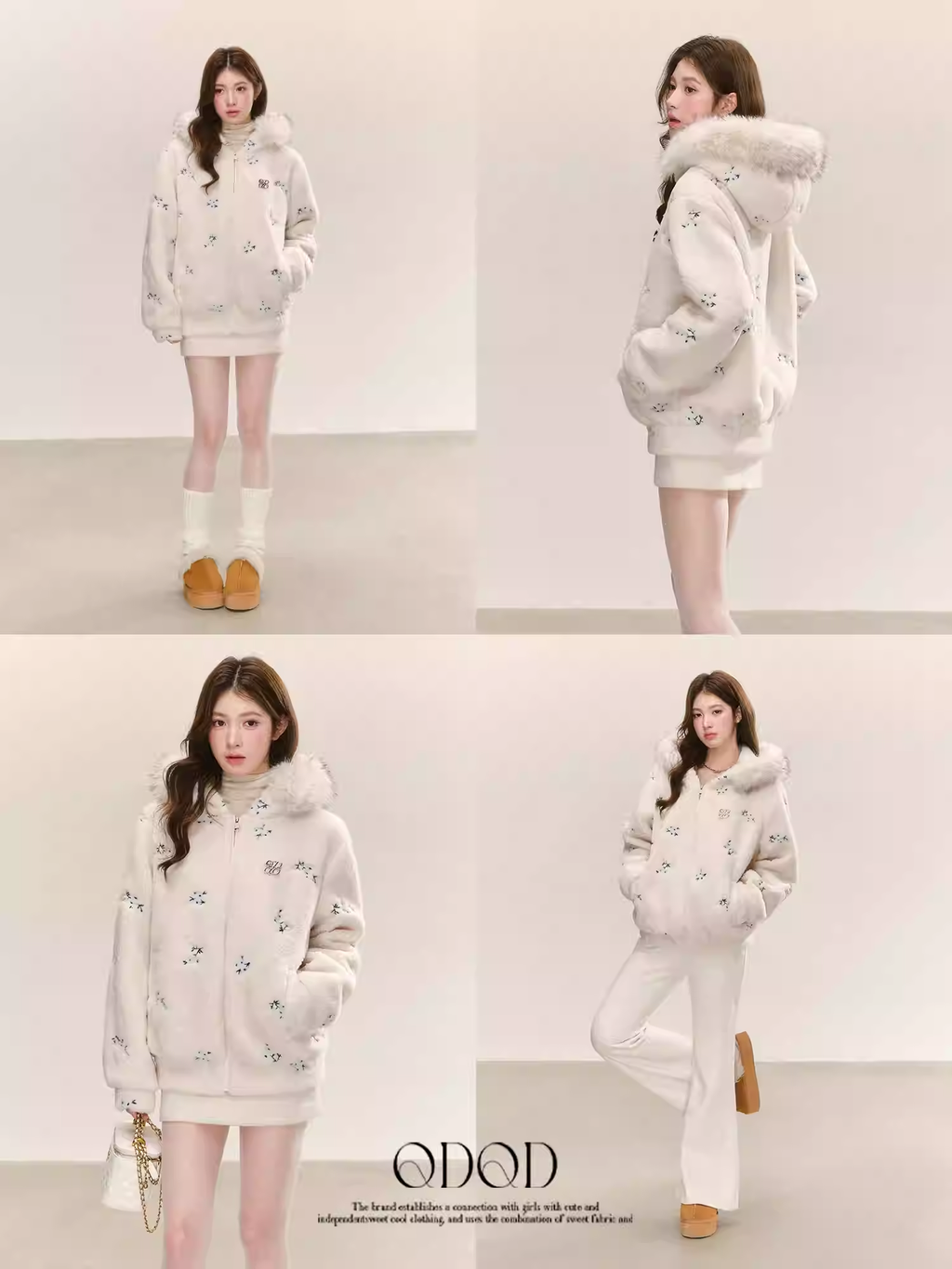 QDQD Cute and warm embroidered velvet jacket with fur collar, hood, thick cotton lining and good warmth.