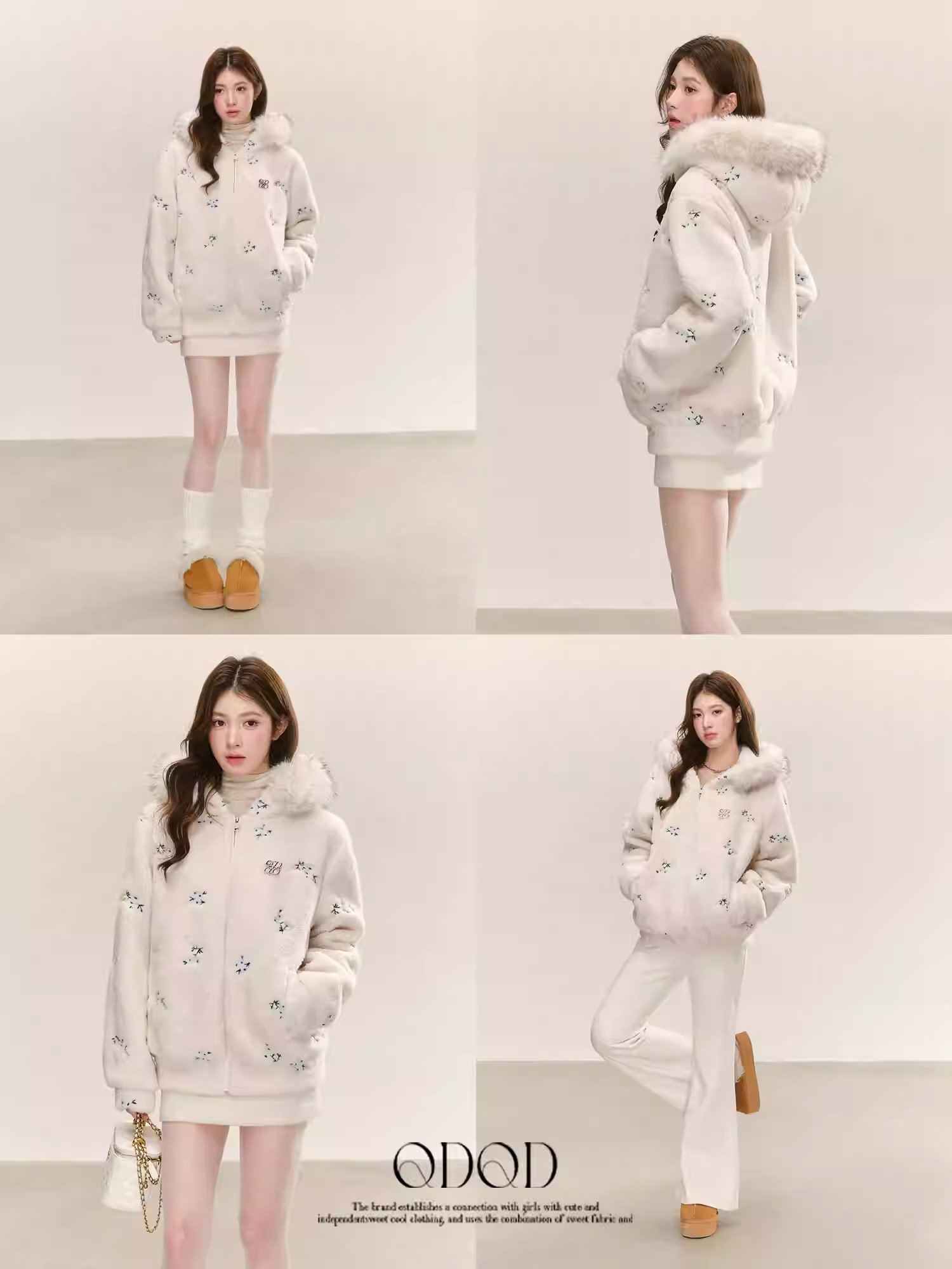 QDQD Cute and warm embroidered velvet jacket with fur collar, hood, thick cotton lining and good warmth.