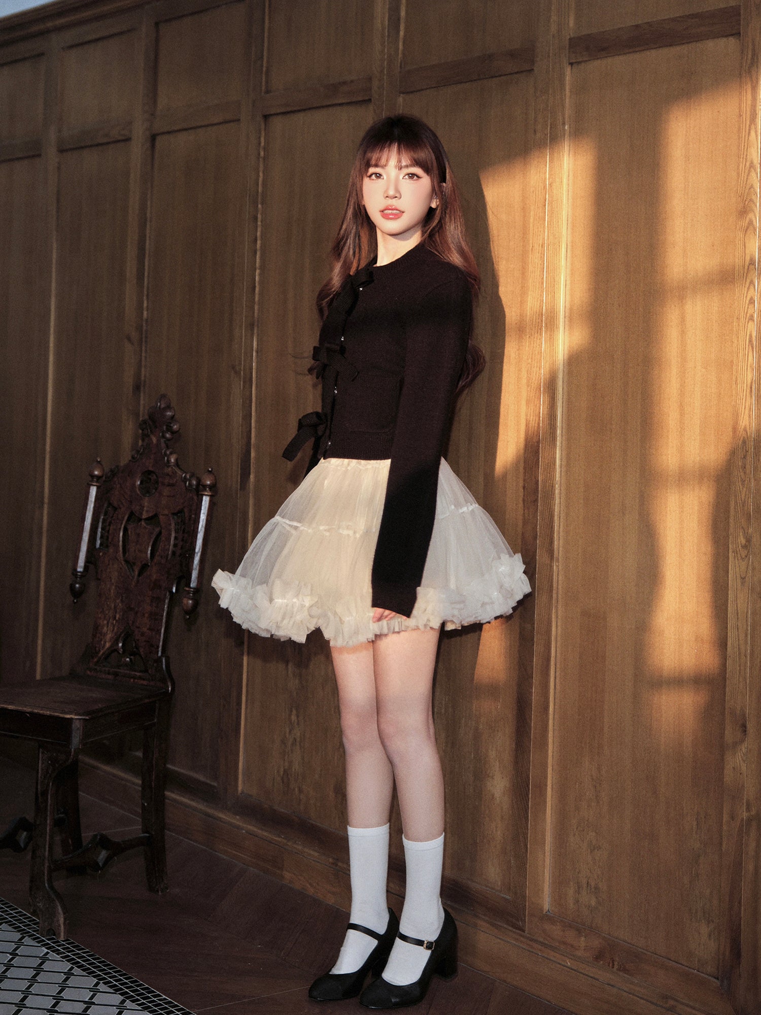 Avenement warm high quality Korean style long sleeve bow tie cardigan for women