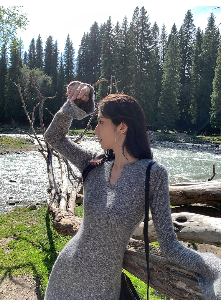 MULVAN MULVAN Women's Sexy V-Neck Sweater Dress, Fall/Winter, Slim Fit, Waistband, Bodycon Mini Skirt