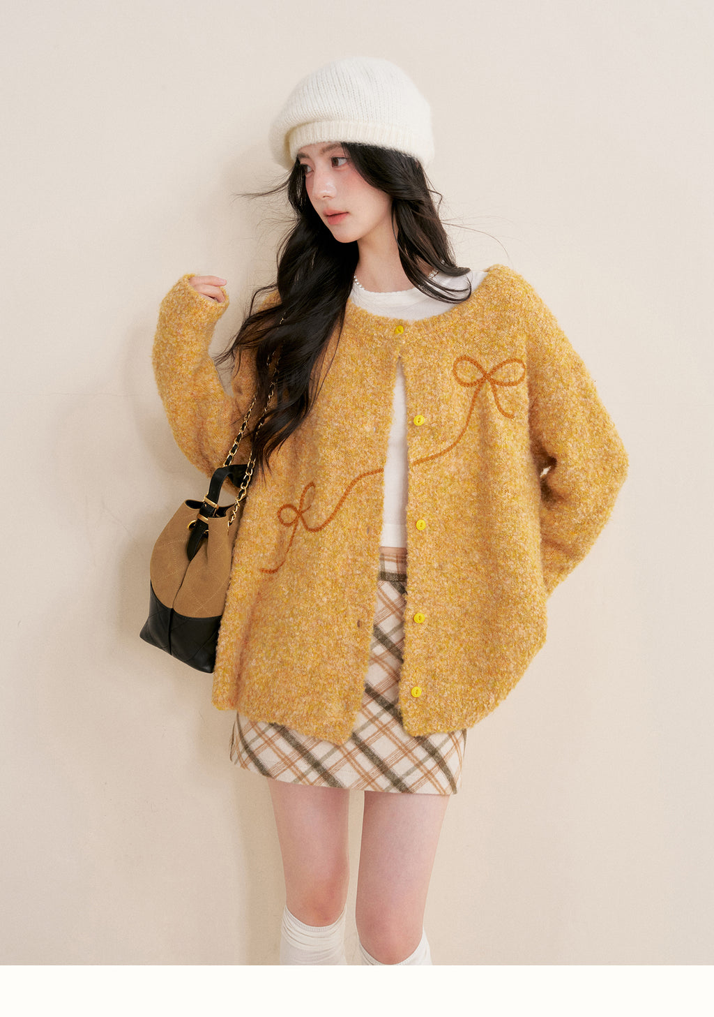 KROCHE Sunset Fluffy 25aw Thick Floral Bow Embroidered Cardigan