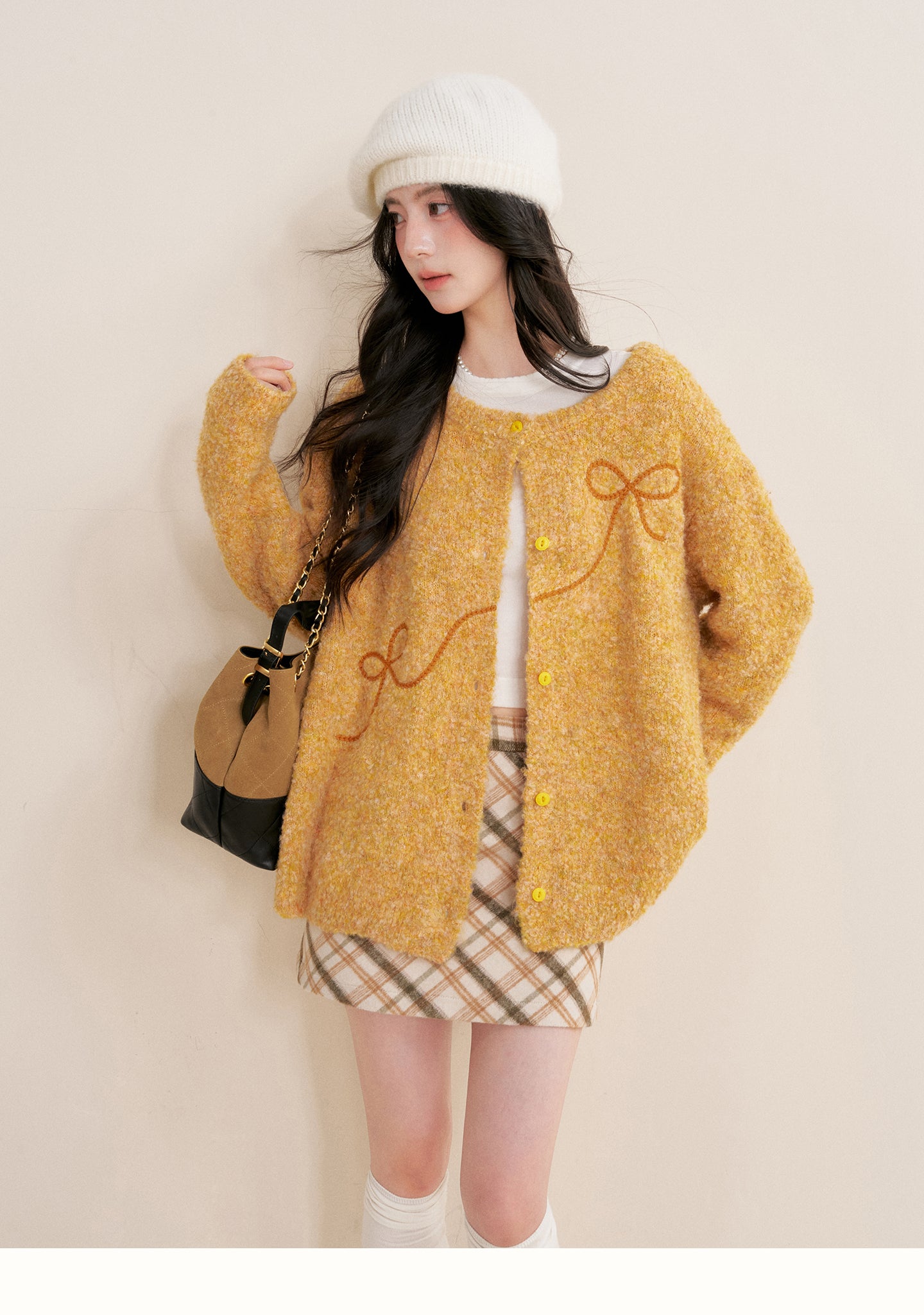 KROCHE Sunset Fluffy 25aw Thick Floral Bow Embroidered Cardigan