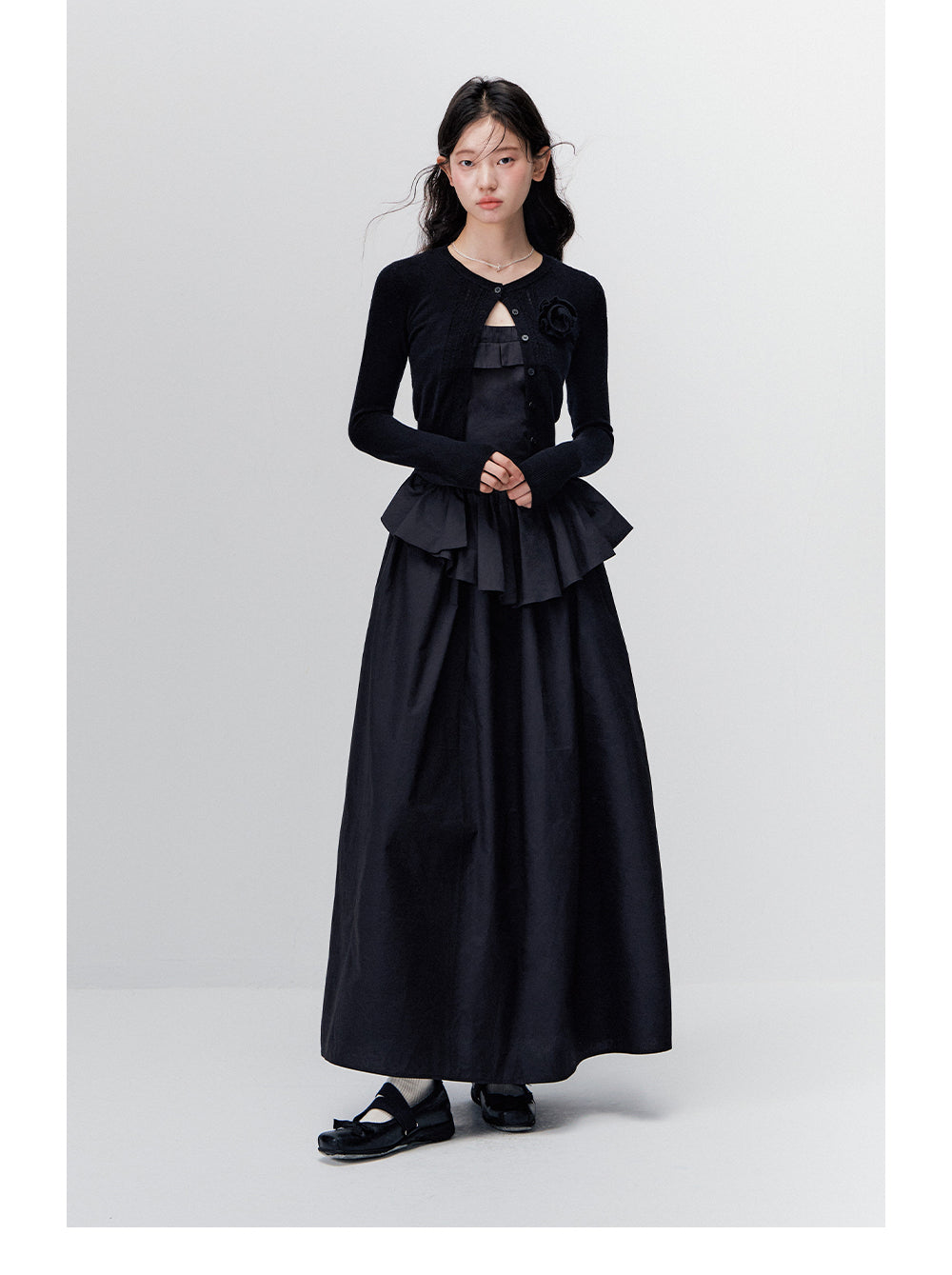 ANNATTO women's retro long-sleeved black rose pattern slim fit maxi dress