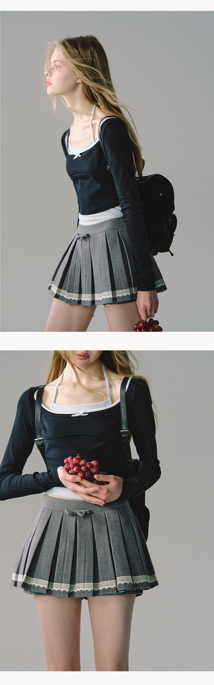 OAKMOO "Let Love Flow" Classic Gray Low-Waist Pleated Skirt for College Girls (Sale)