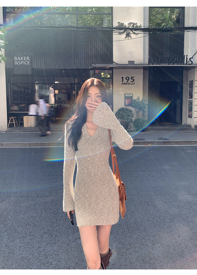 MULVAN MULVAN Women's Sexy V-Neck Sweater Dress, Fall/Winter, Slim Fit, Waistband, Bodycon Mini Skirt