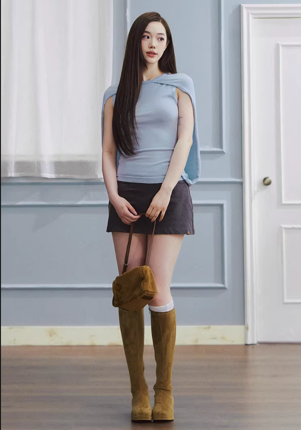 LaluneDuCiel Low-waisted, sexy, versatile, simple mini skirt, washed denim material, for women