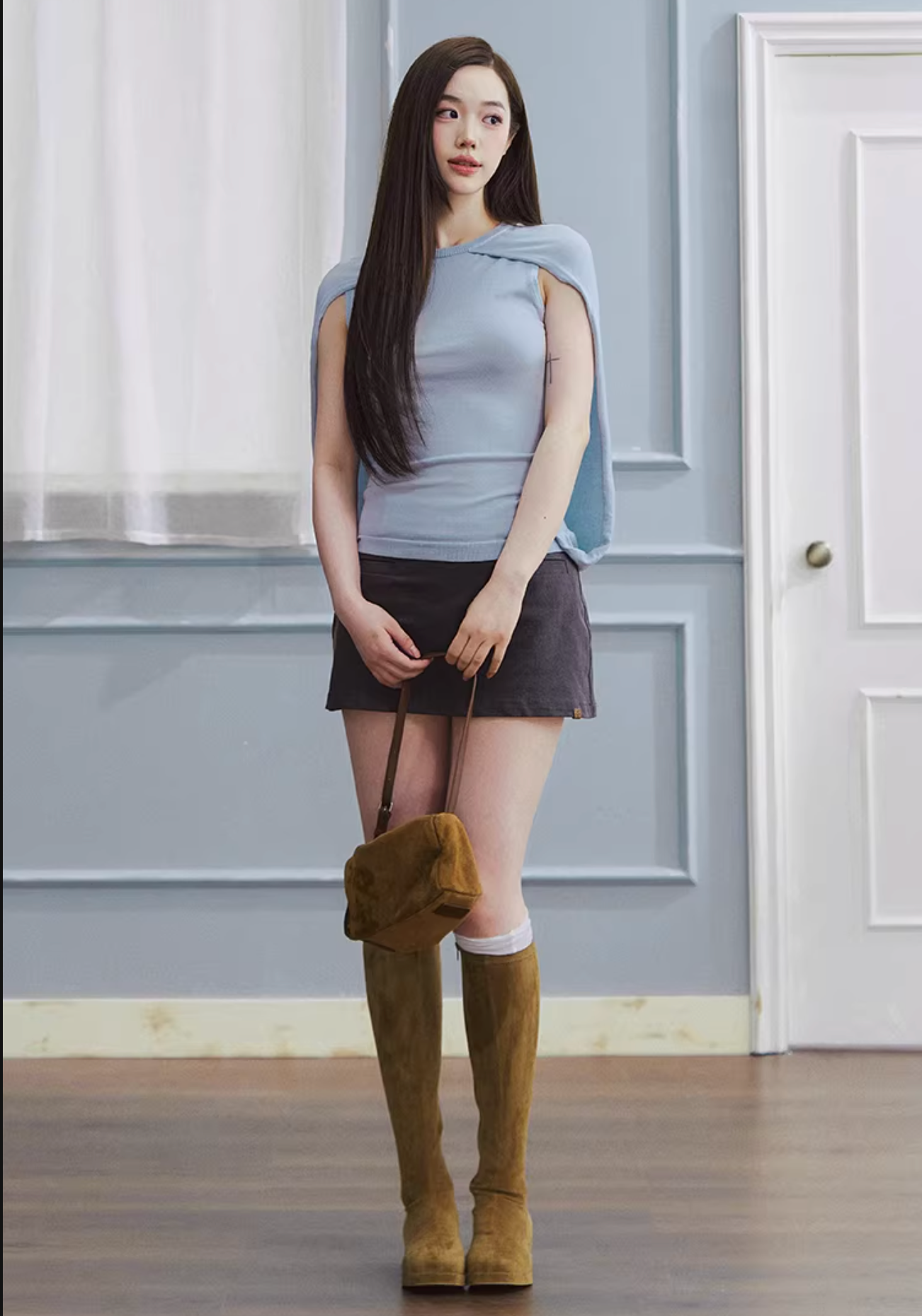 LaluneDuCiel Low-waisted, sexy, versatile, simple mini skirt, washed denim material, for women