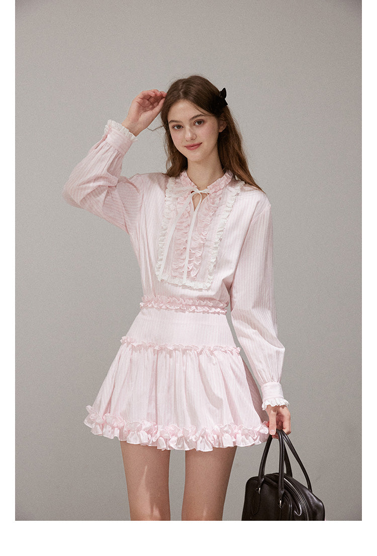 Set "Mist Color Dreamweaver" Women's French ruffled long sleeve shirt and designer mini skirt