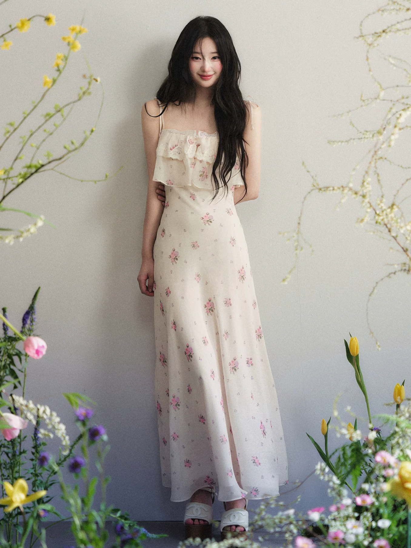 1PSTUDIO Women's apricot chiffon print maxi dress, sleeveless lace summer dress with exposed waist