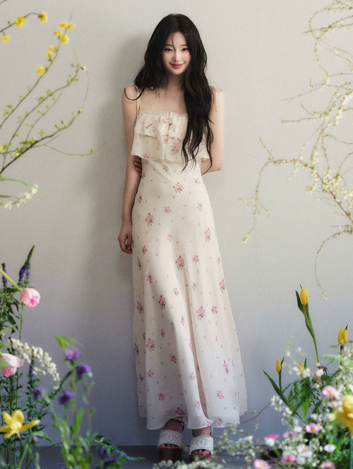 1PSTUDIO Women's apricot chiffon print maxi dress, sleeveless lace summer dress with exposed waist