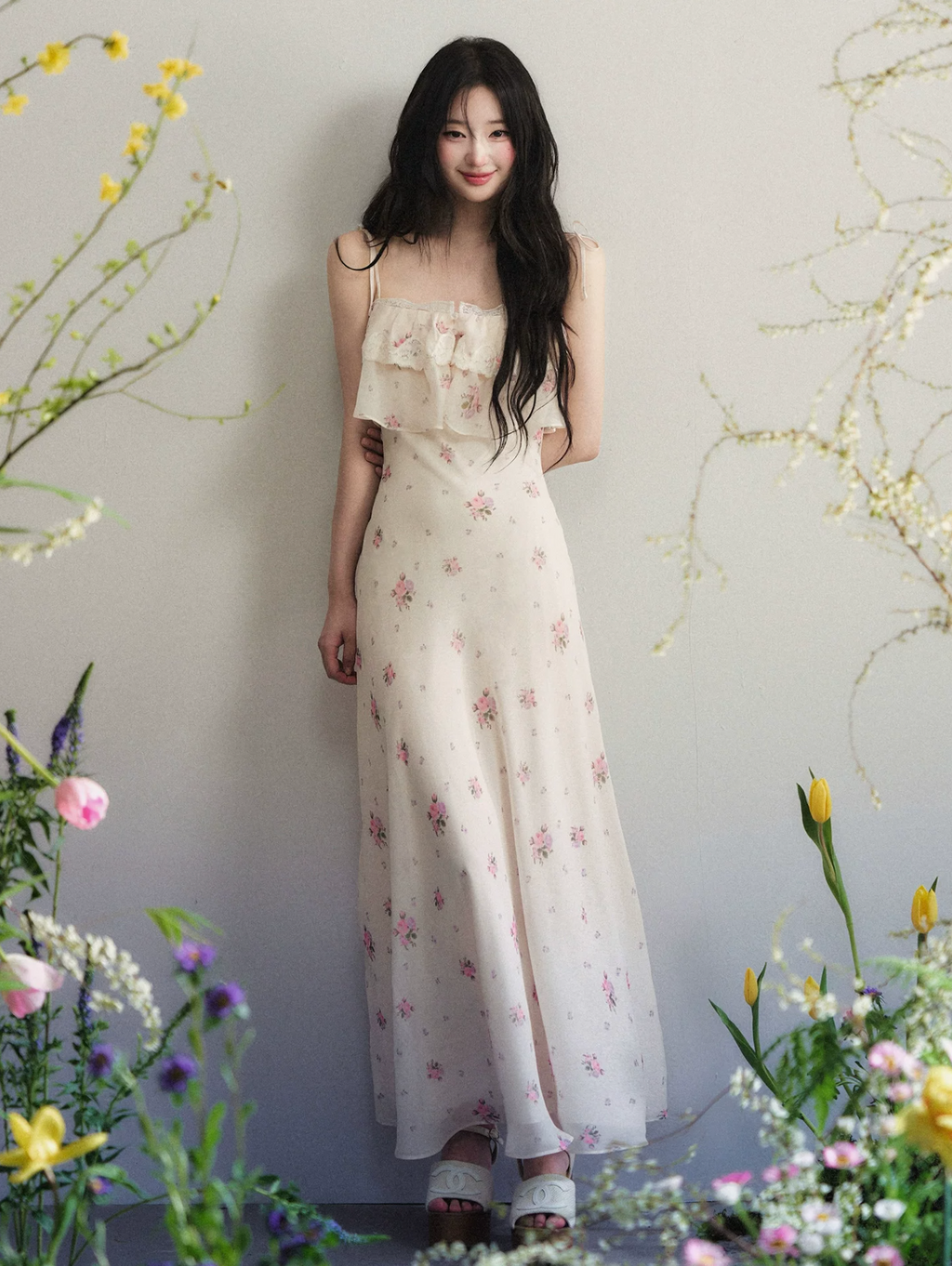1PSTUDIO Women's apricot chiffon print maxi dress, sleeveless lace summer dress with exposed waist