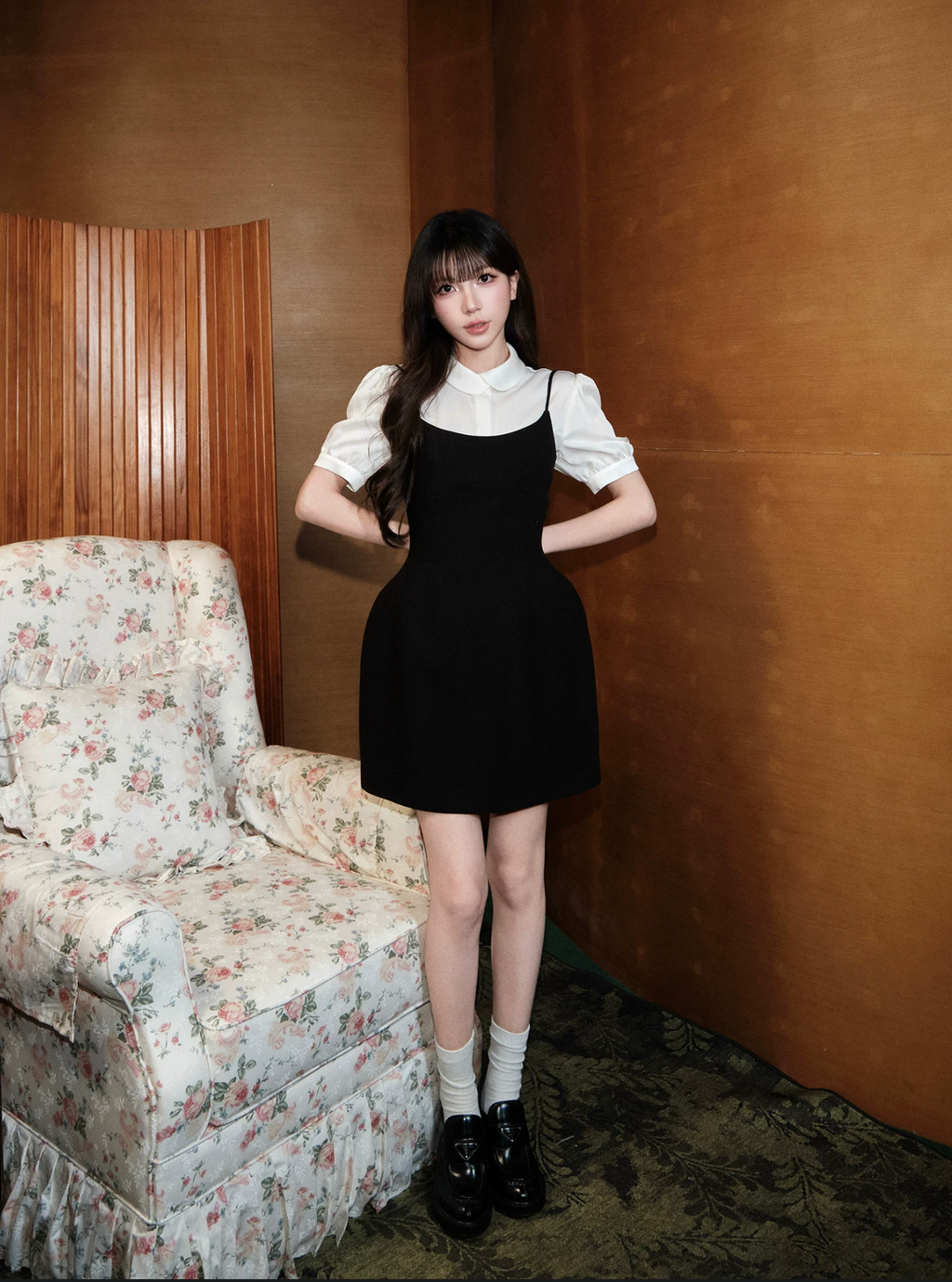 AVENEMENT Short-sleeved acetate collared/collared shirt, small French round neck shirt, camisole, women's dress.