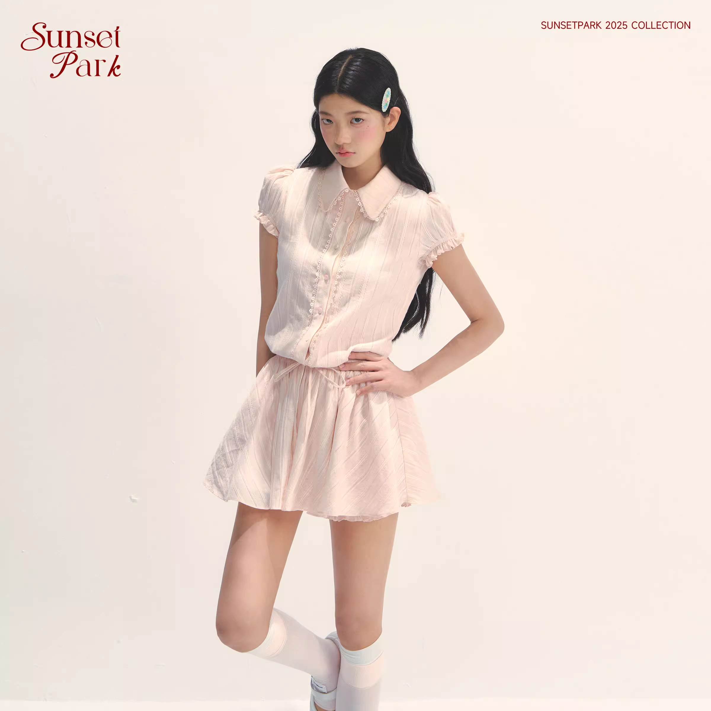 SUNSETPARK Student-style navy blue short-sleeved shirt dress