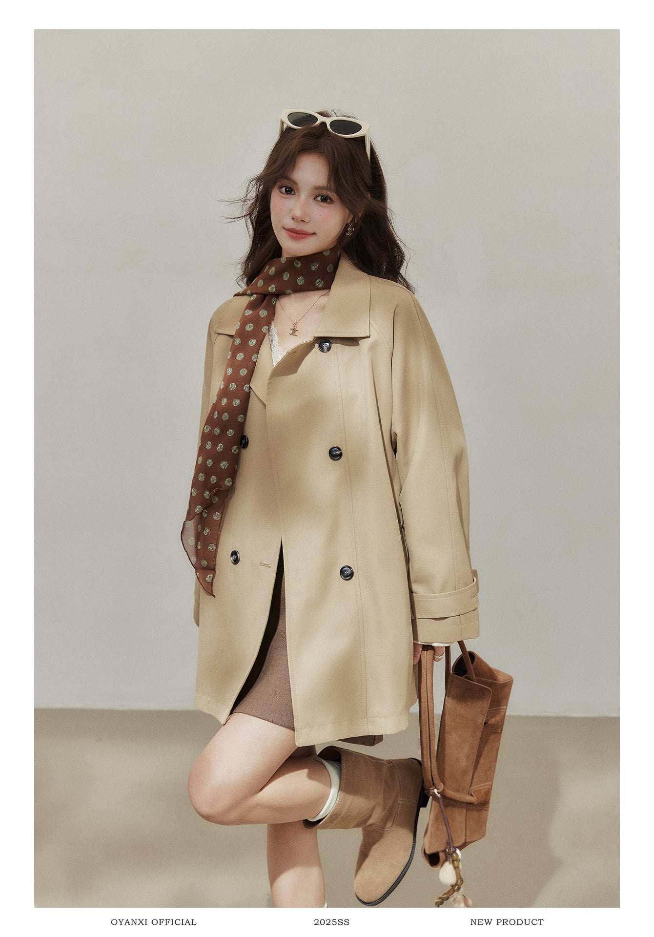 Oyanxi Women's Autumn "Freeze Paris" Khaki Raglan Long Sleeve Jacket, Short, Medium Length