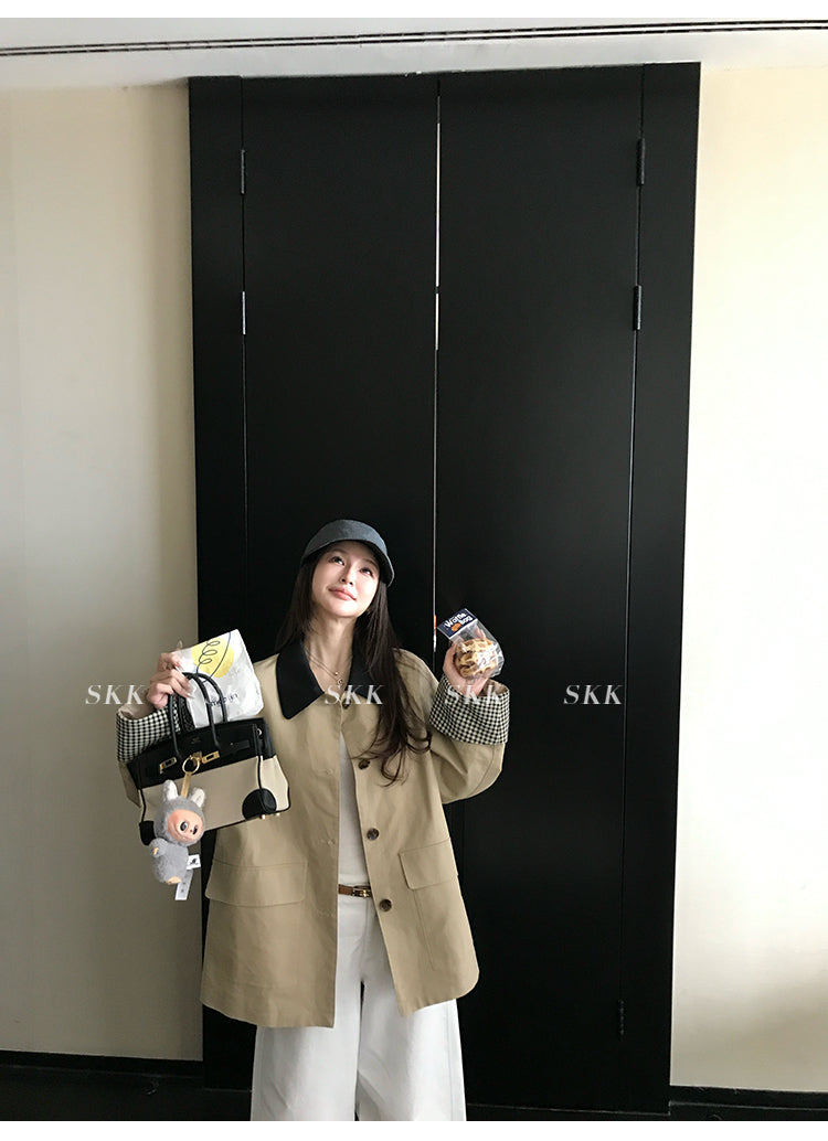 SKK High quality khaki jacket with multi-color plaid pattern, short and loose fit, autumn style for women.