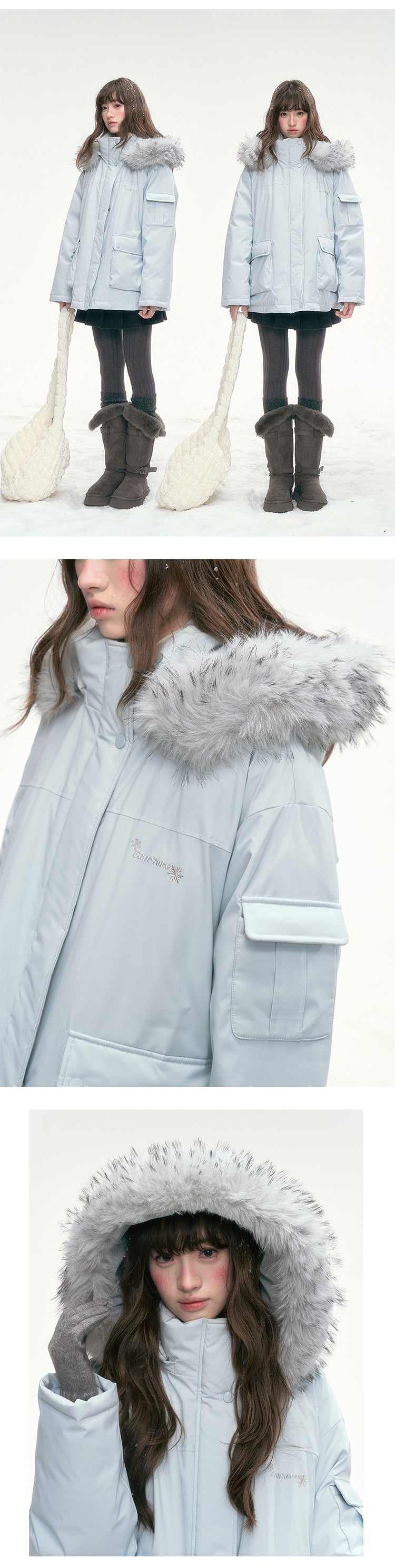 CANSTORE Canned Goods Store 'Winter Love Song' Hooded Parka with Detachable Fur Collar, 90 White Duck Down Coat