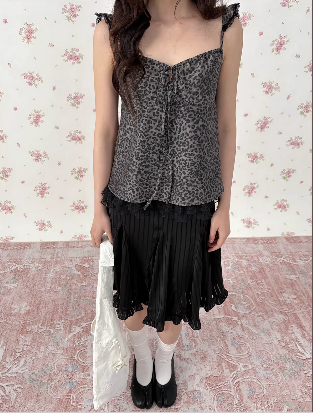 CHAOSCHAO Soft, sexy silk summer blouse with leopard print and polka dots, puff sleeves, retro resort style by