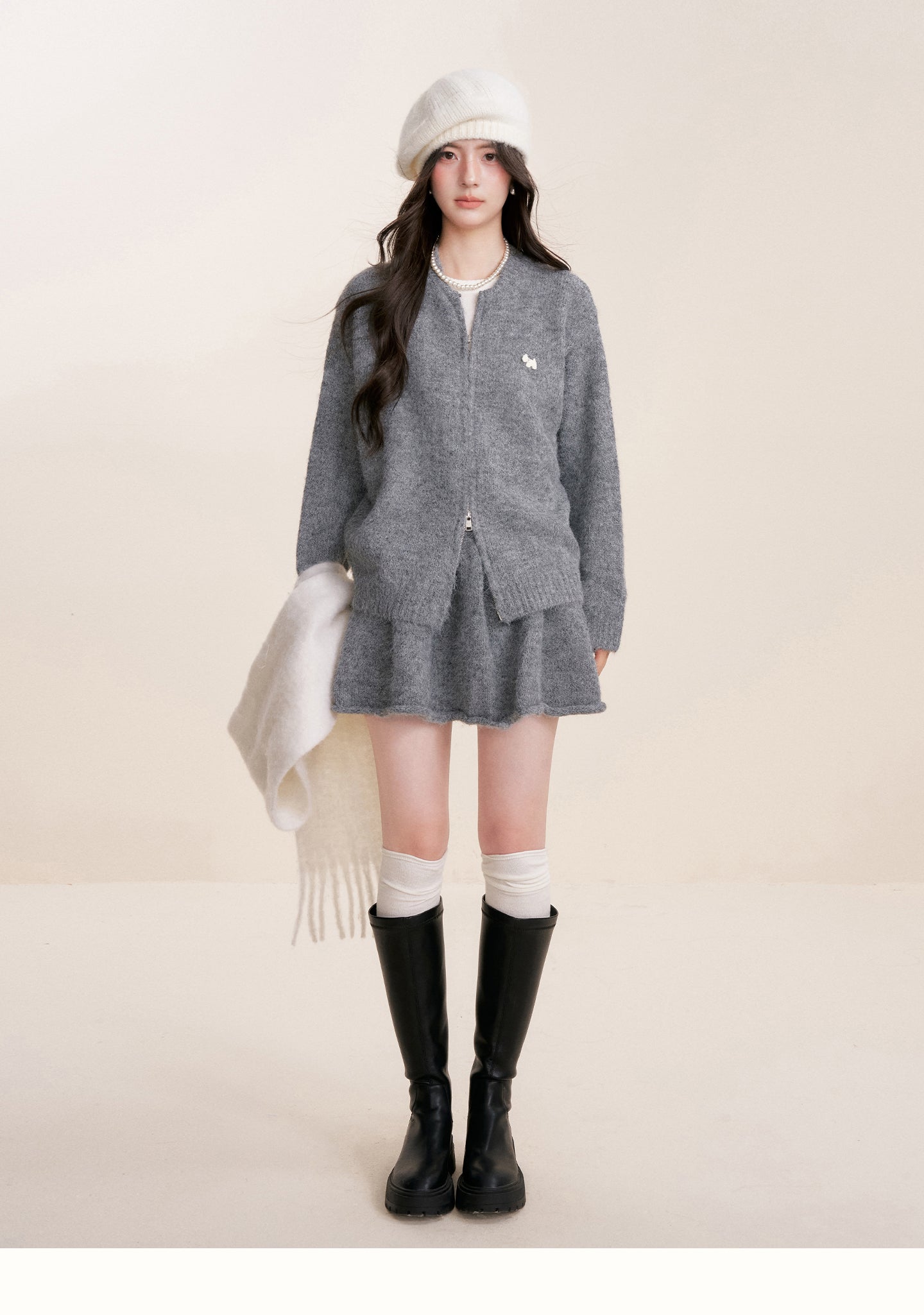 KROCHE Winter Warm A-line Cardigan Sweater Set Gray Double Zipper for Puppy 25aw