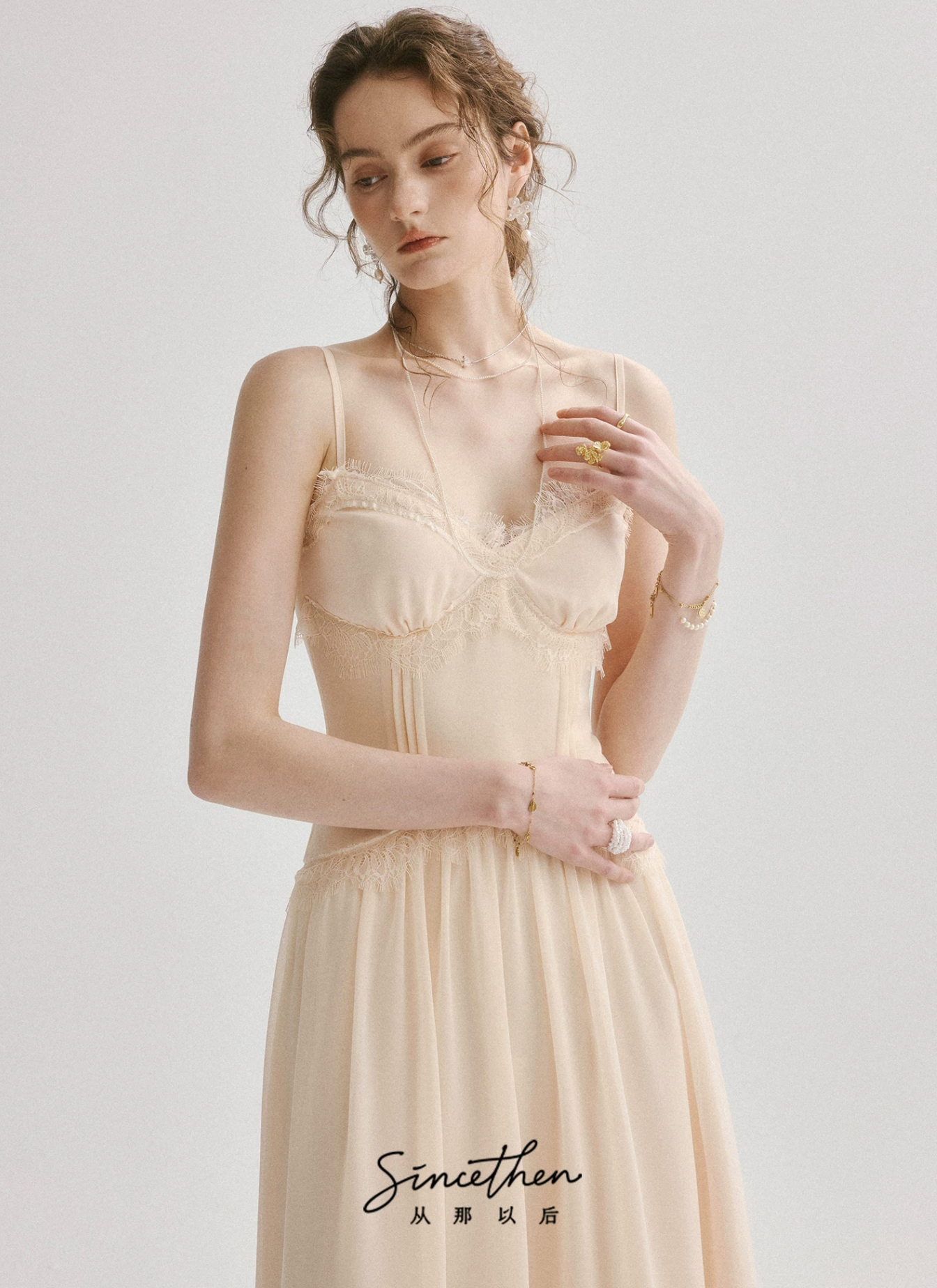SINCETHEN French evening dresses, resort-style slip dresses, high-waisted lace maxi dresses and summer dresses