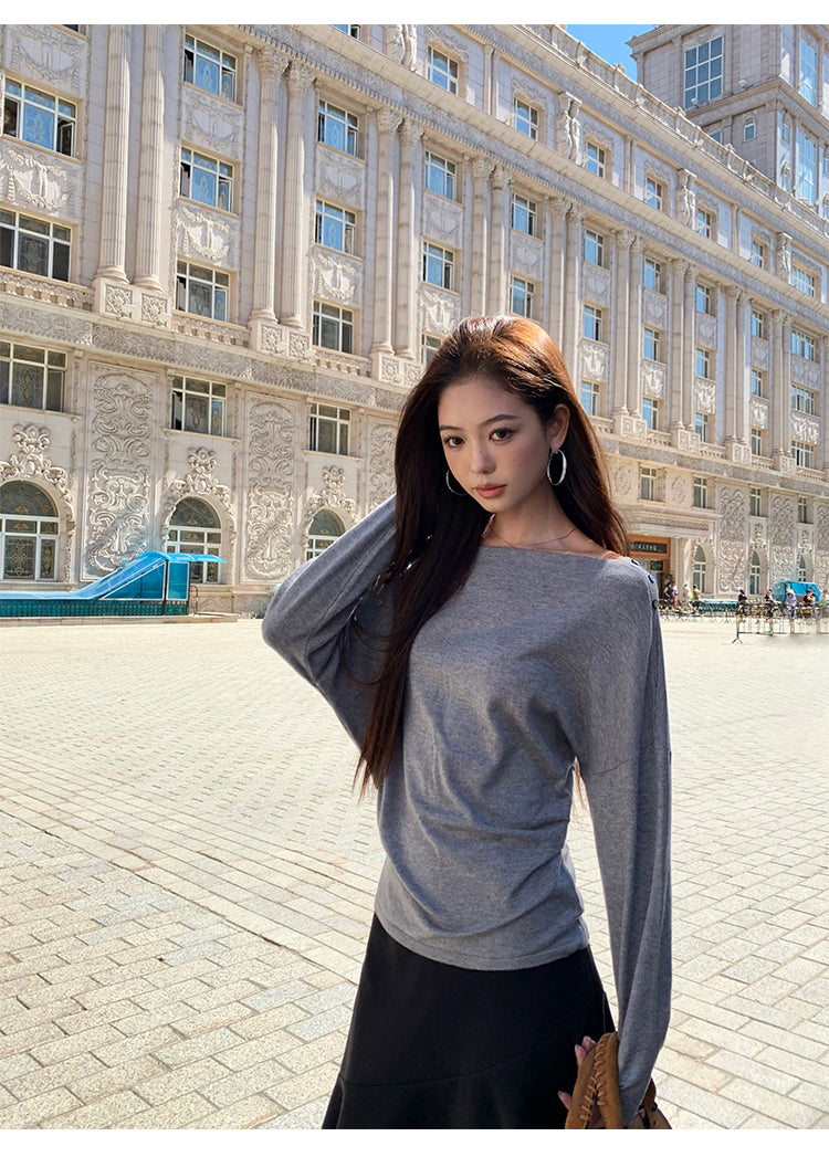 Pusumede one shoulder long sleeve sweater original color temperament female design cross shoulder t-shirt