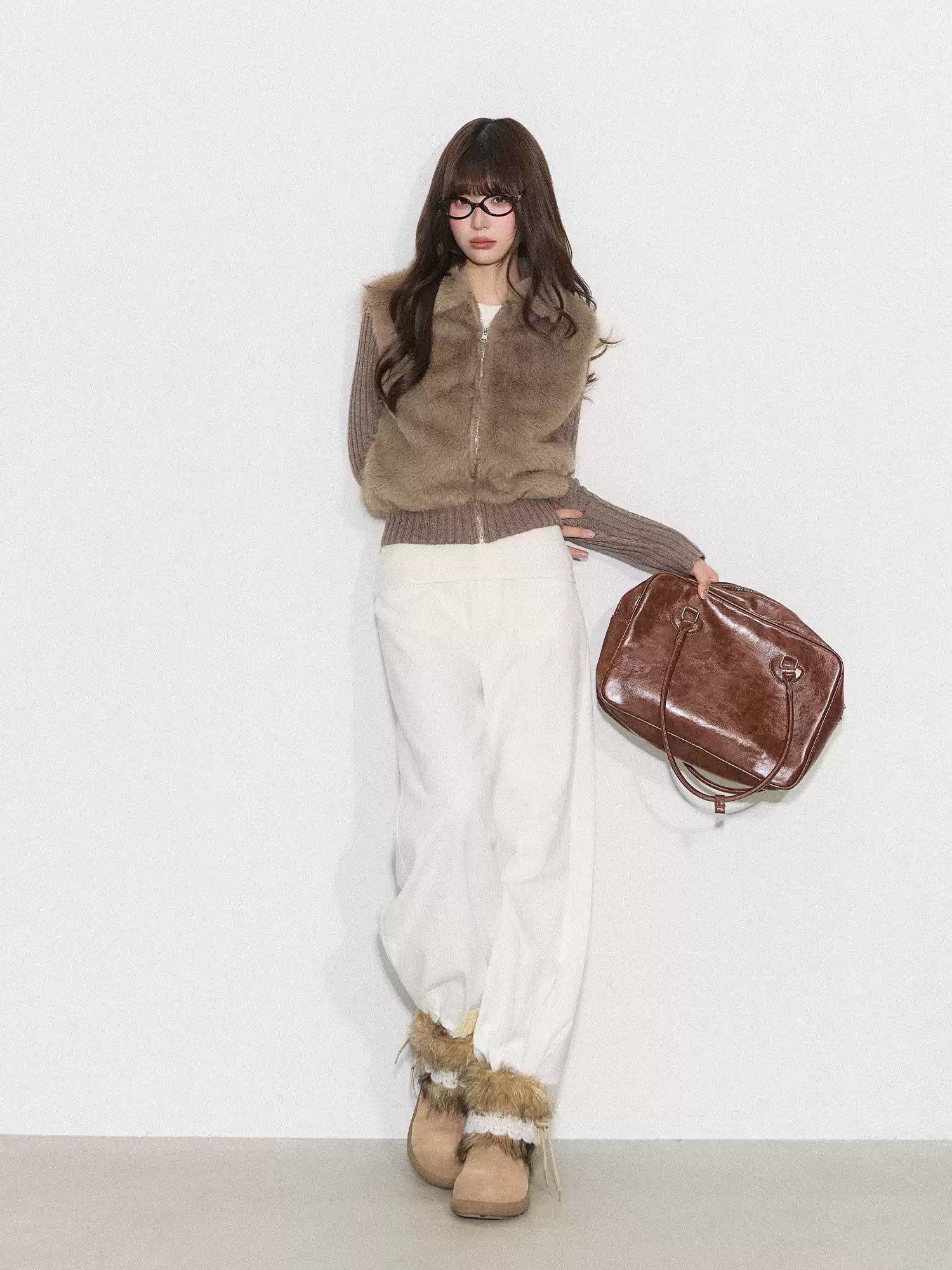 CYNI 【Caramel Afternoon】Millard Retro Plush Patchwork Short Two-Piece Faux Fur Coat for Women