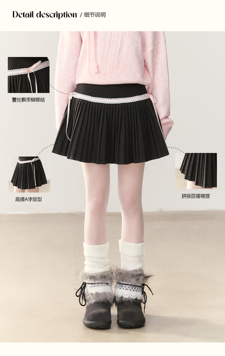 UMOUMO ハイウエストのマッシュルームプリーツミディスカート、レースとリボンのトリム、体型を美しく見せるAラインプリーツスカート