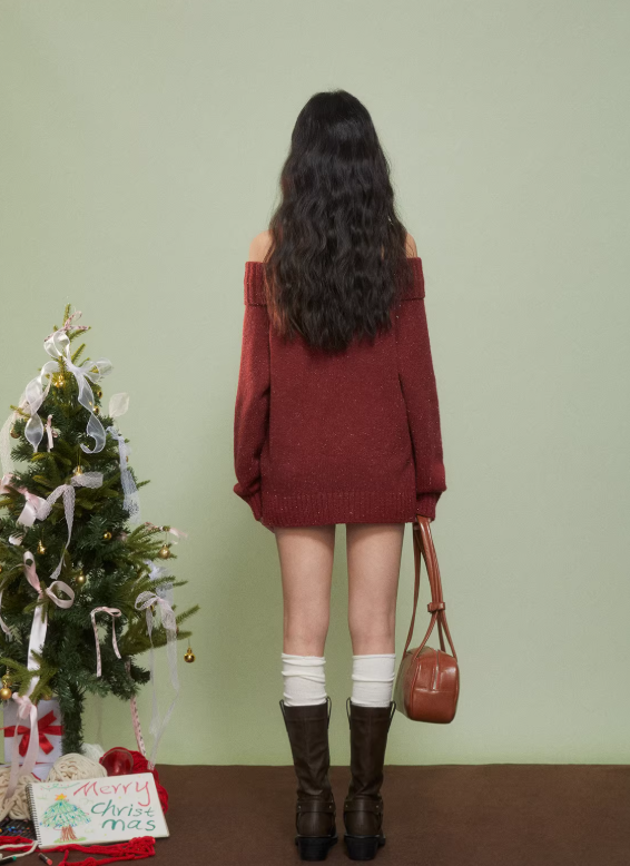 WEEKENDHUB Red Off-Shoulder Sweater for Women, New Autumn/Winter 2024 Style, Comfortable, Premium Sweater for Christmas.