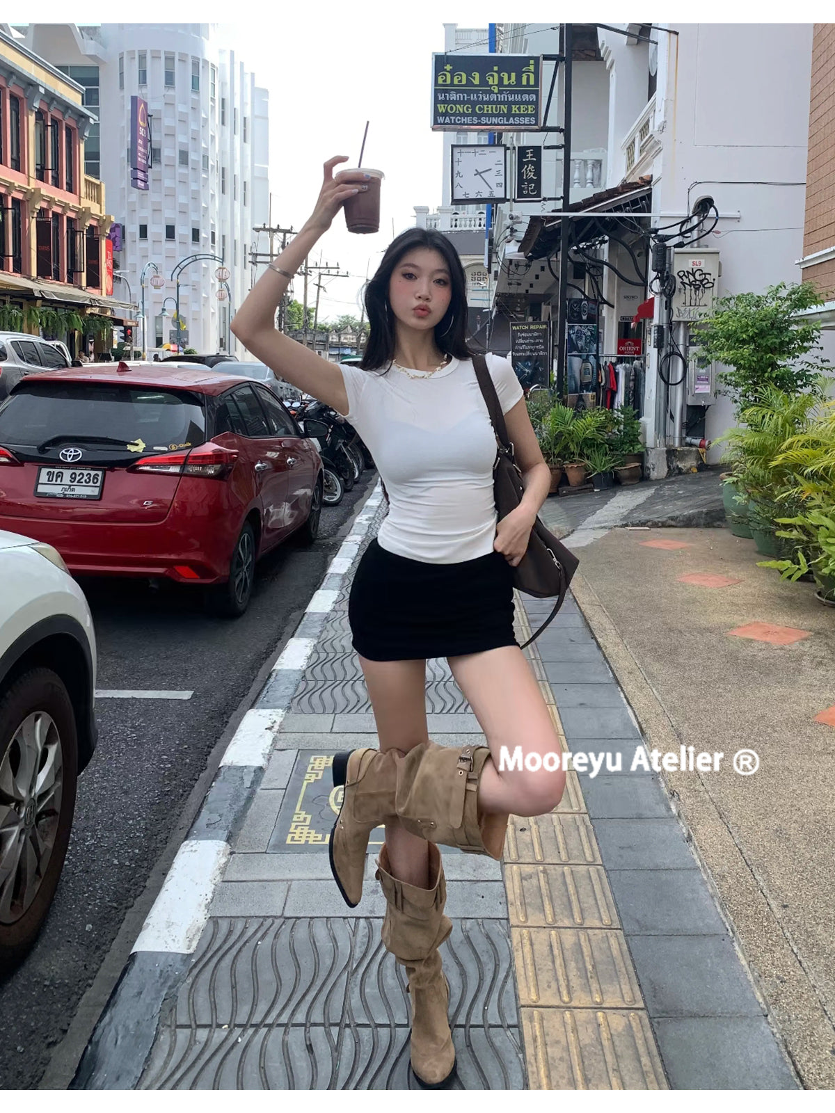 MOOREYU Women's knee high boots autumn winter 2025 women's khaki suede pointed toe boots thick heel thin pleated boots