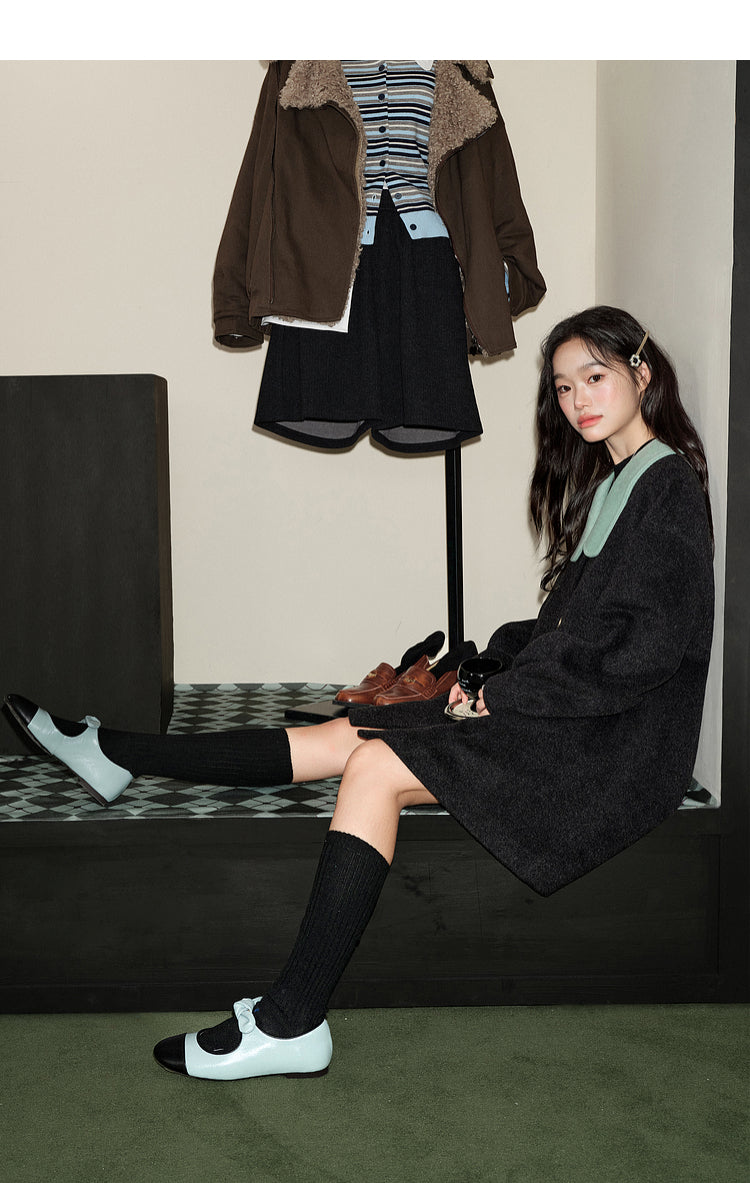 KOUSE Women's 2025 New Autumn Winter Classic Medium-Long Woolen Coat Black and Gray