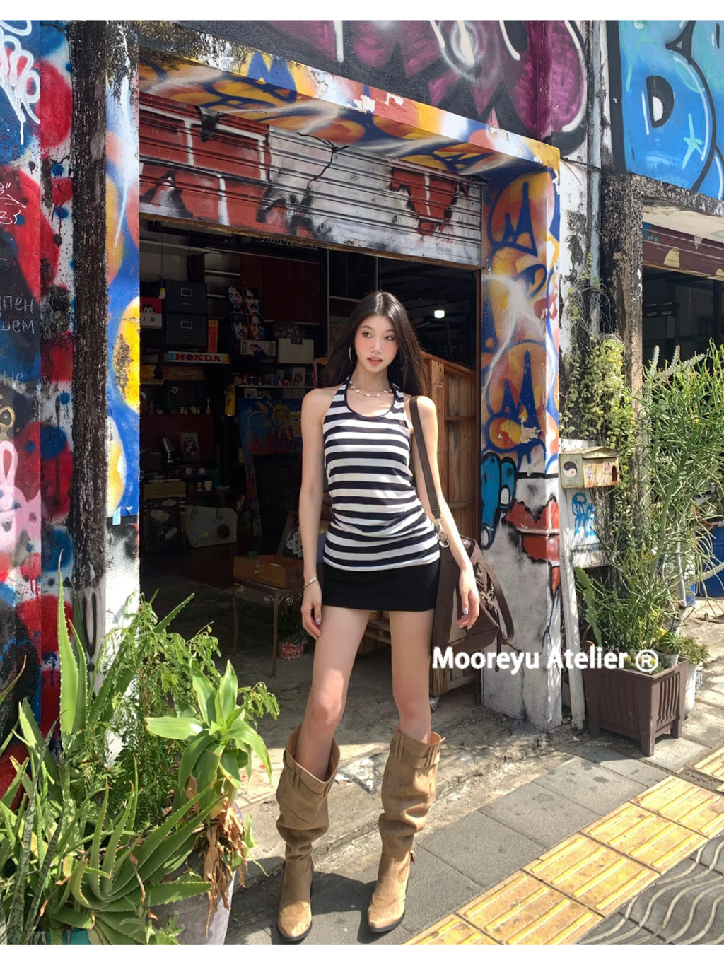 MOOREYU Women's knee high boots autumn winter 2025 women's khaki suede pointed toe boots thick heel thin pleated boots