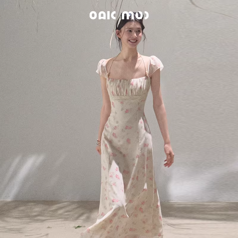 OAKMOO beaded halter-neck dress, fitted waist, unique floral print "My Own Moon"