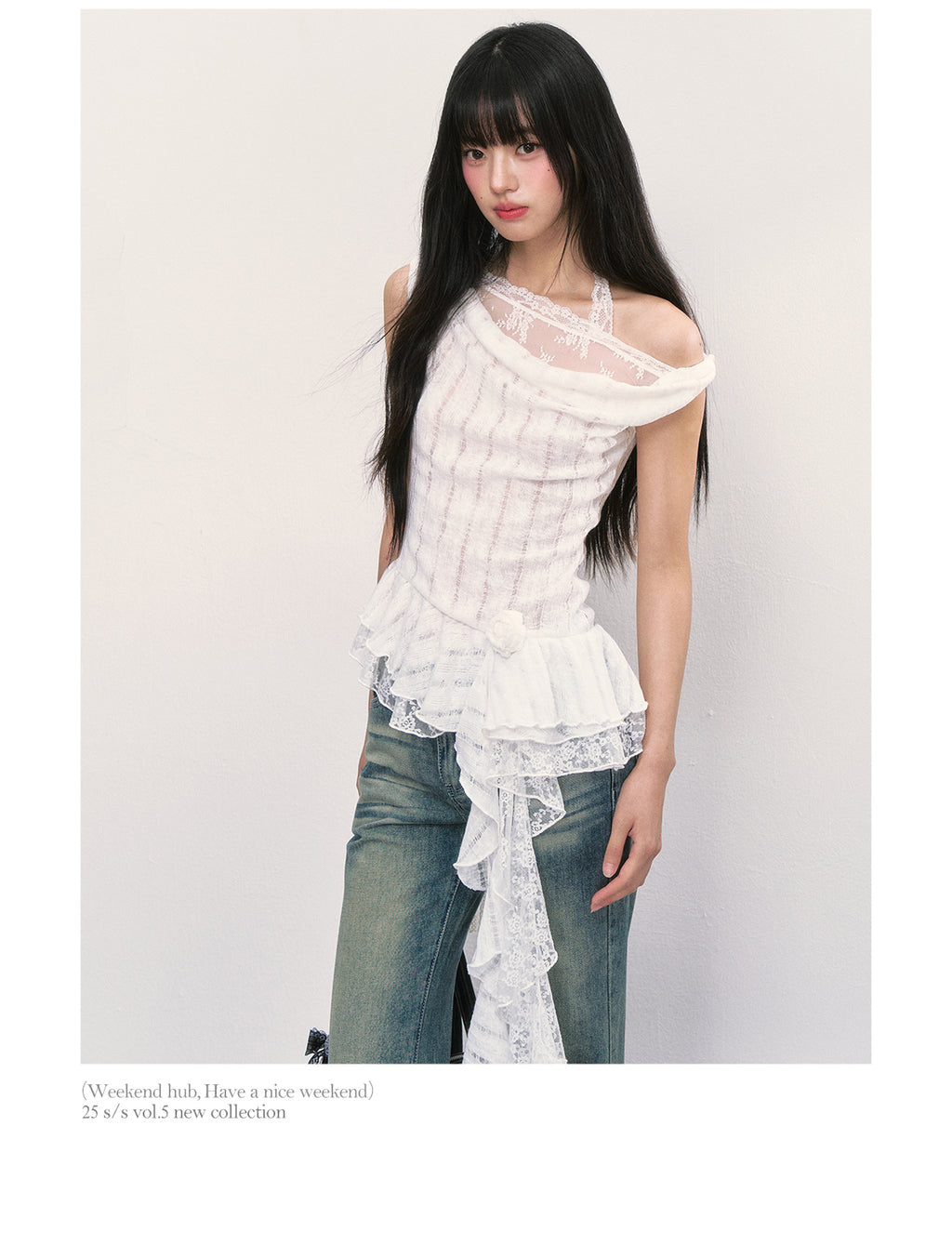 WEEKENDHUB Women's White French Lace Top, High-end Summer Off-the-Shoulder Short Sleeve Design with Asymmetrical Shoulders