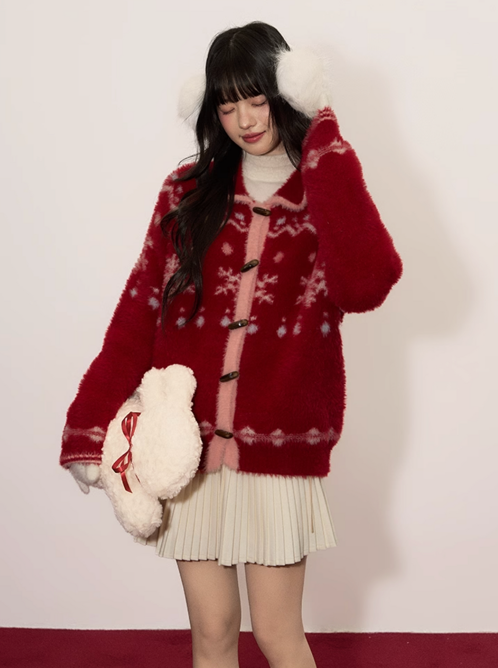 UMOUMO [Christmas & New Year Collection] Umoum Fair Isle Snowflake Mushroom Soft and Versatile Red Faux Mink Cardigan